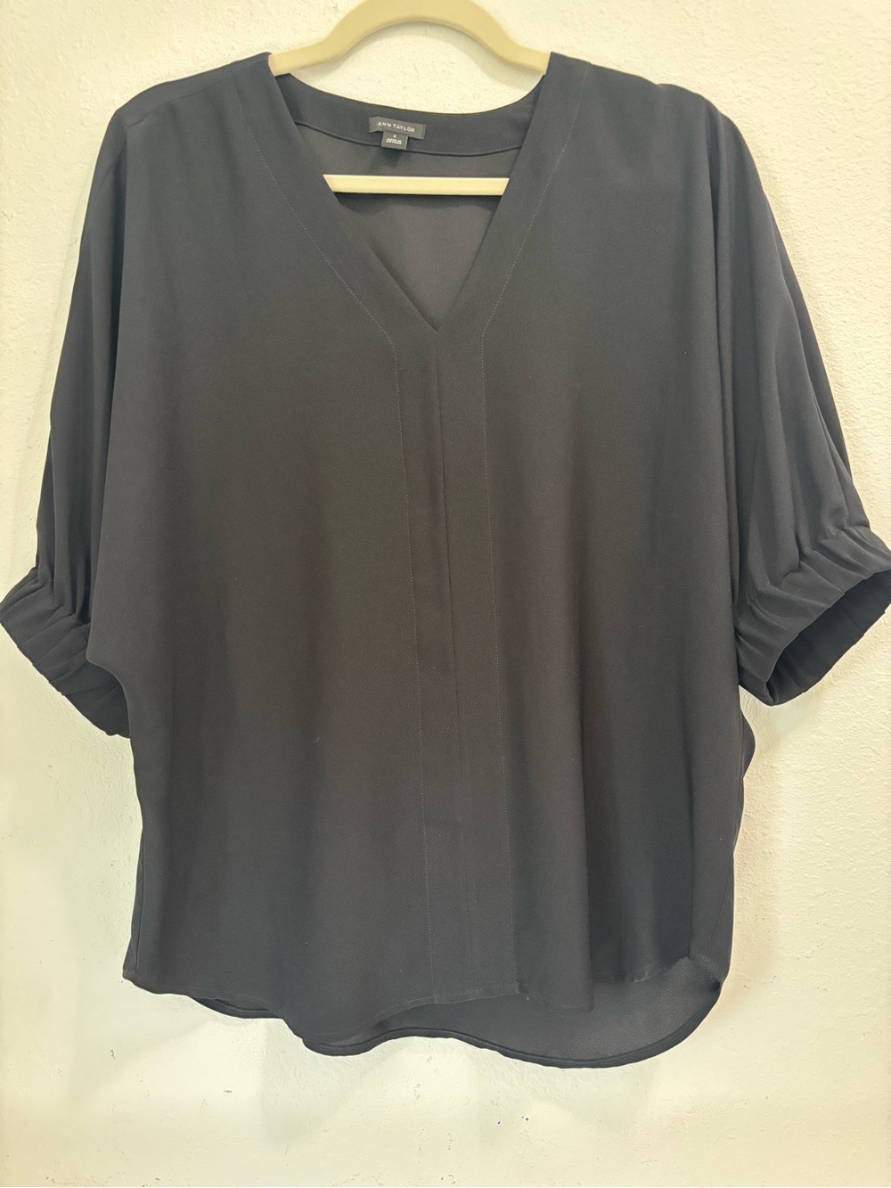 Ann Taylor Black V-Neck Pleated Sleeve Top